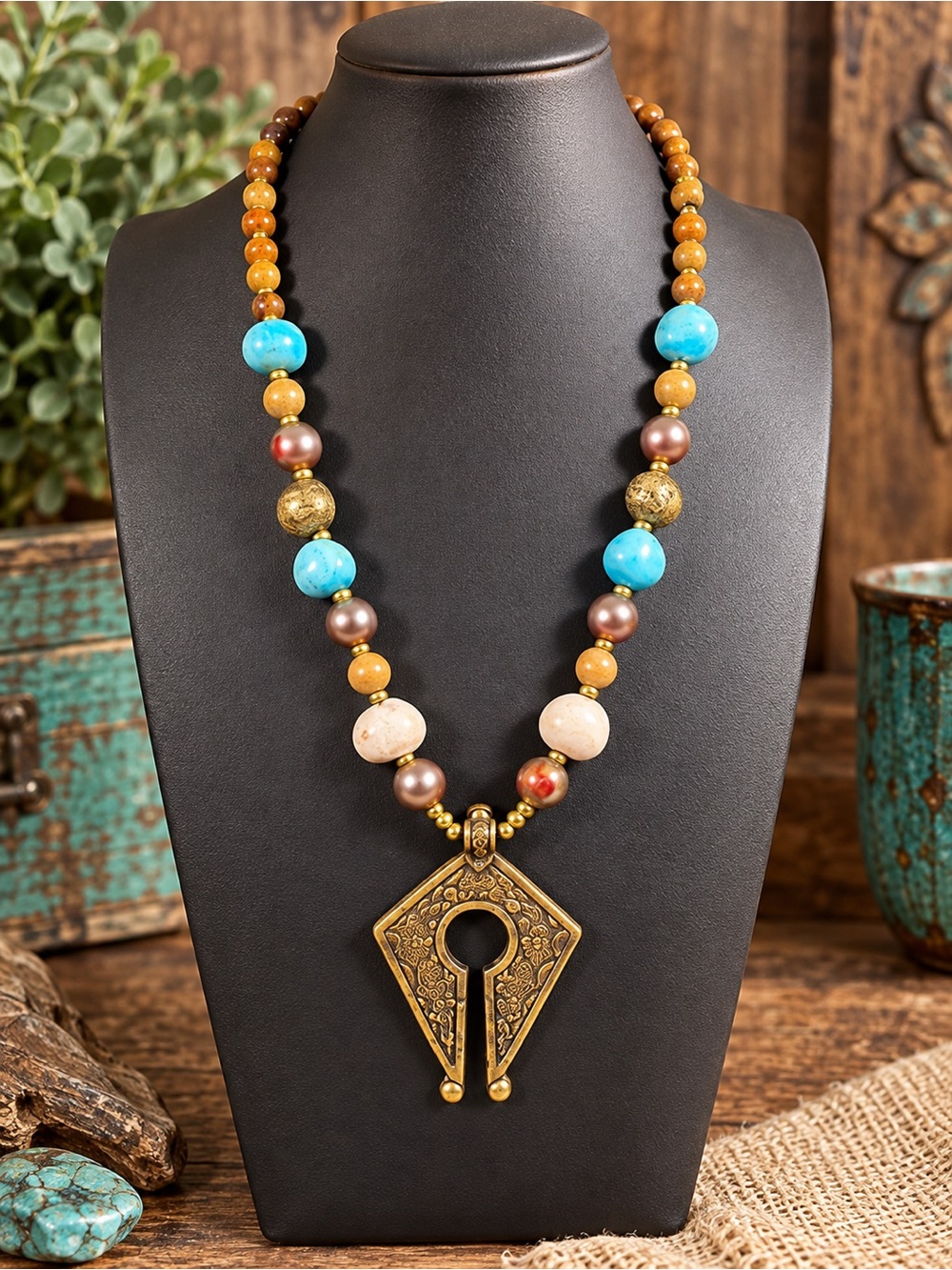 Boho Statement Necklace Turquoise Tone Beads Ornate Antique Gold Tone Pendant